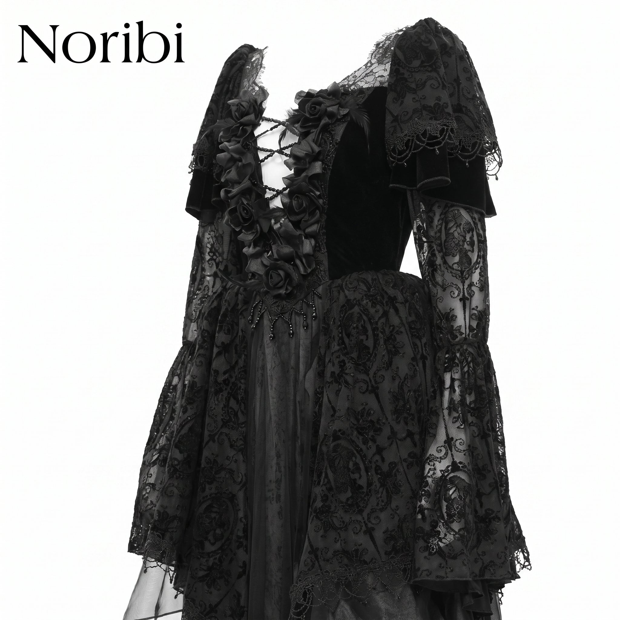Black Gothic Lace Dress, Dark Fairycore Victorian Maxi Gown