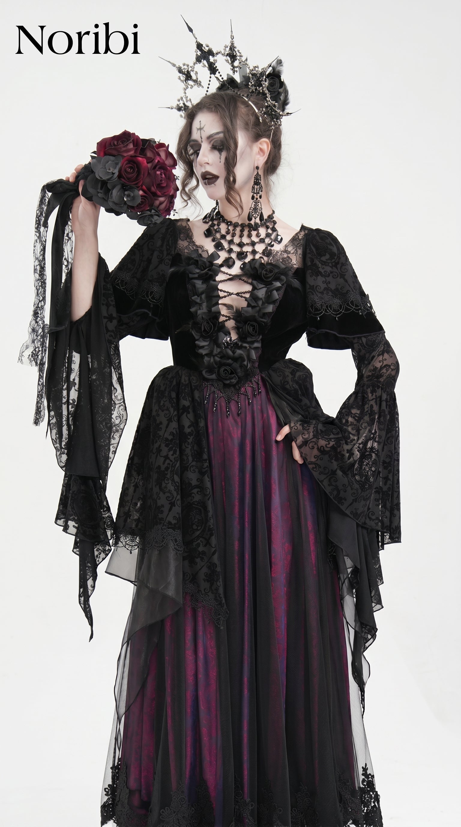 Black Gothic Lace Dress, Dark Fairycore Victorian Maxi Gown