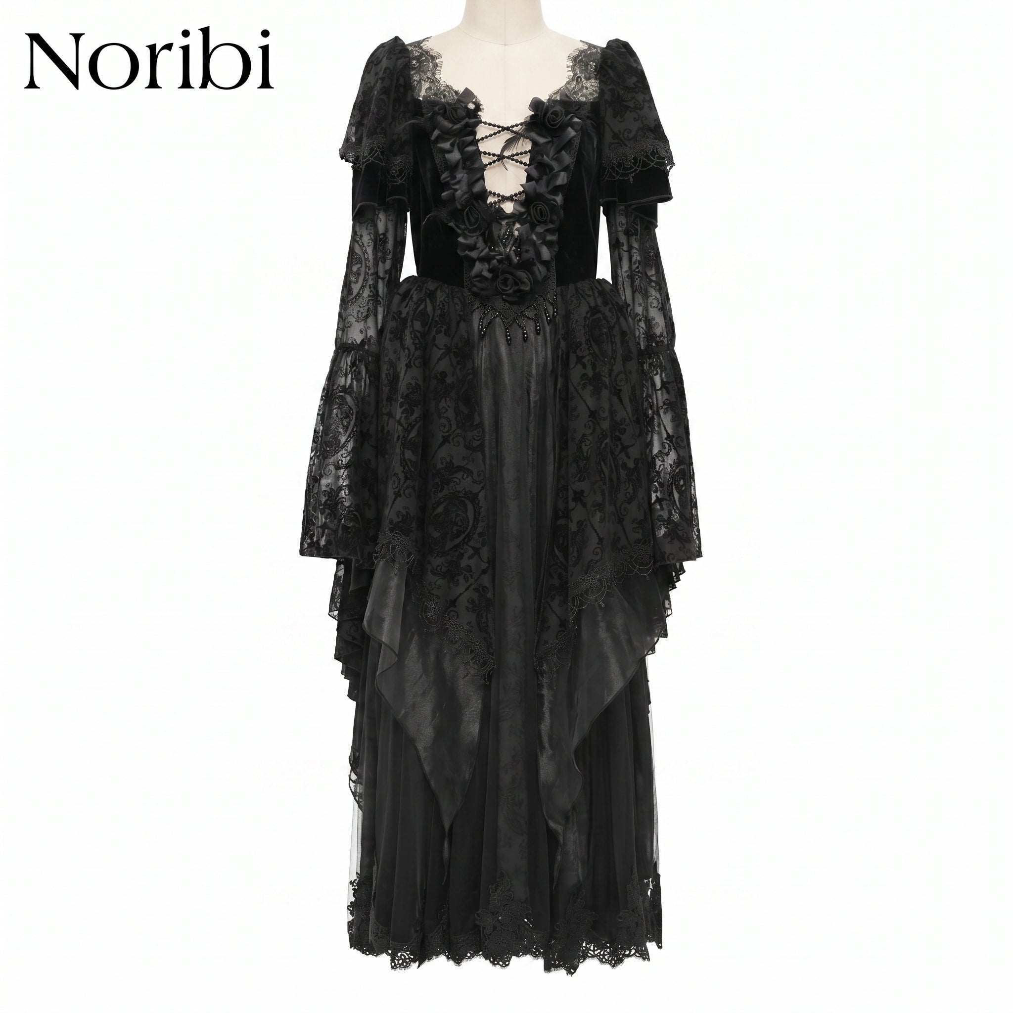 Black Gothic Lace Dress, Dark Fairycore Victorian Maxi Gown