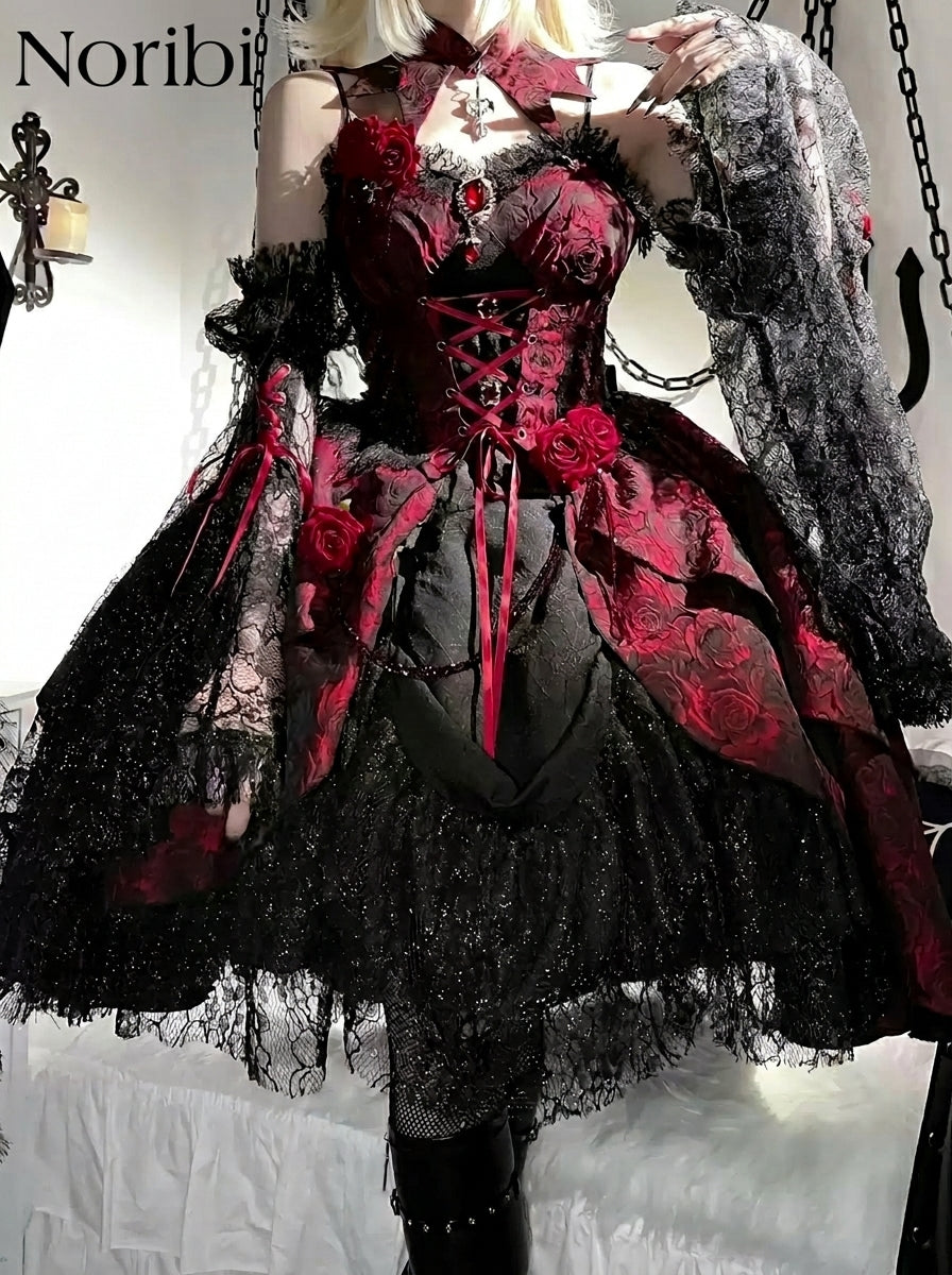 Gothic Lolita Dress Red Black, Vampire Corset Cosplay Outfit