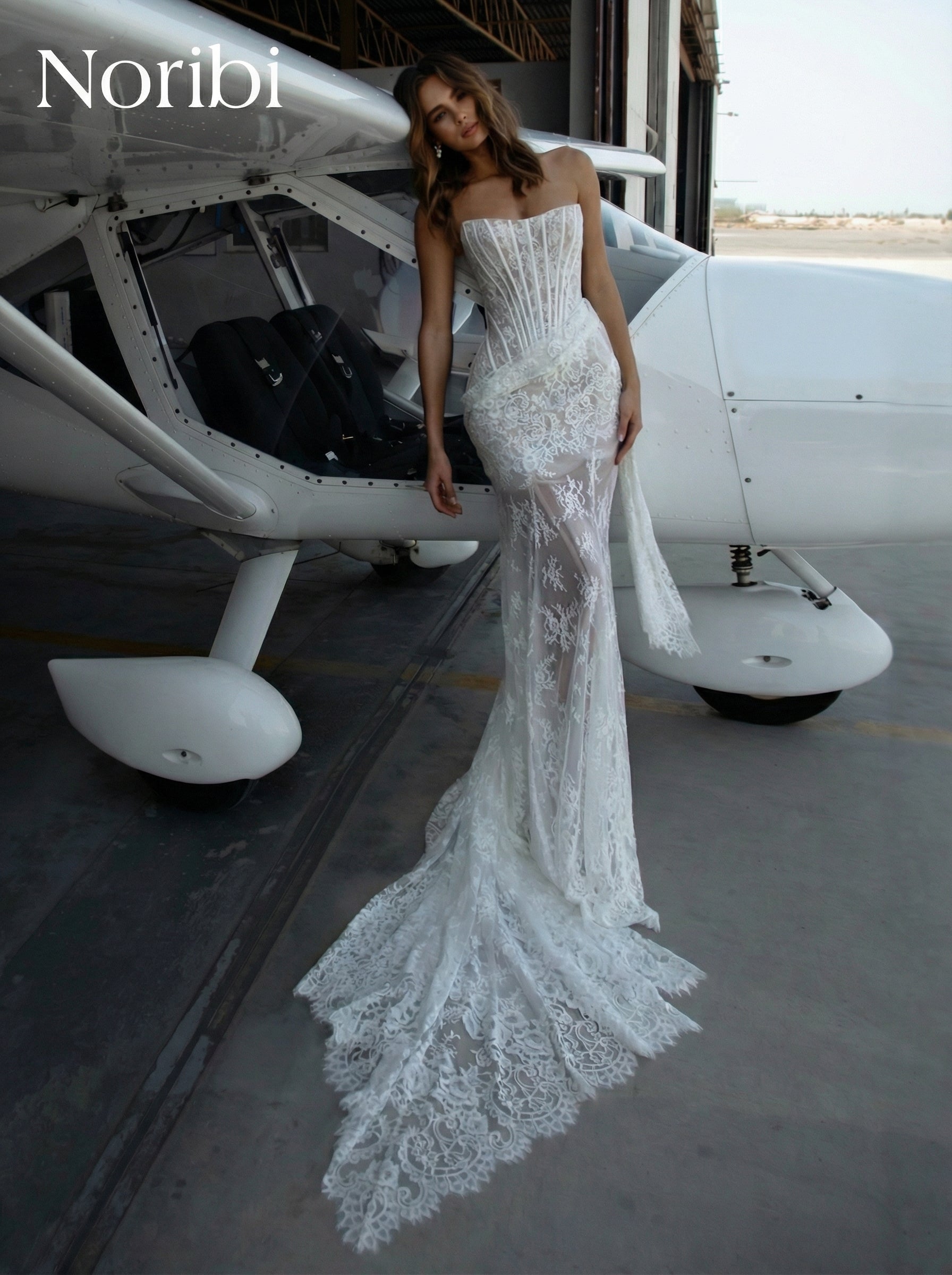 White Lace Corset Wedding Dress Sheer Bridal Gown Fairy Style – Noribi