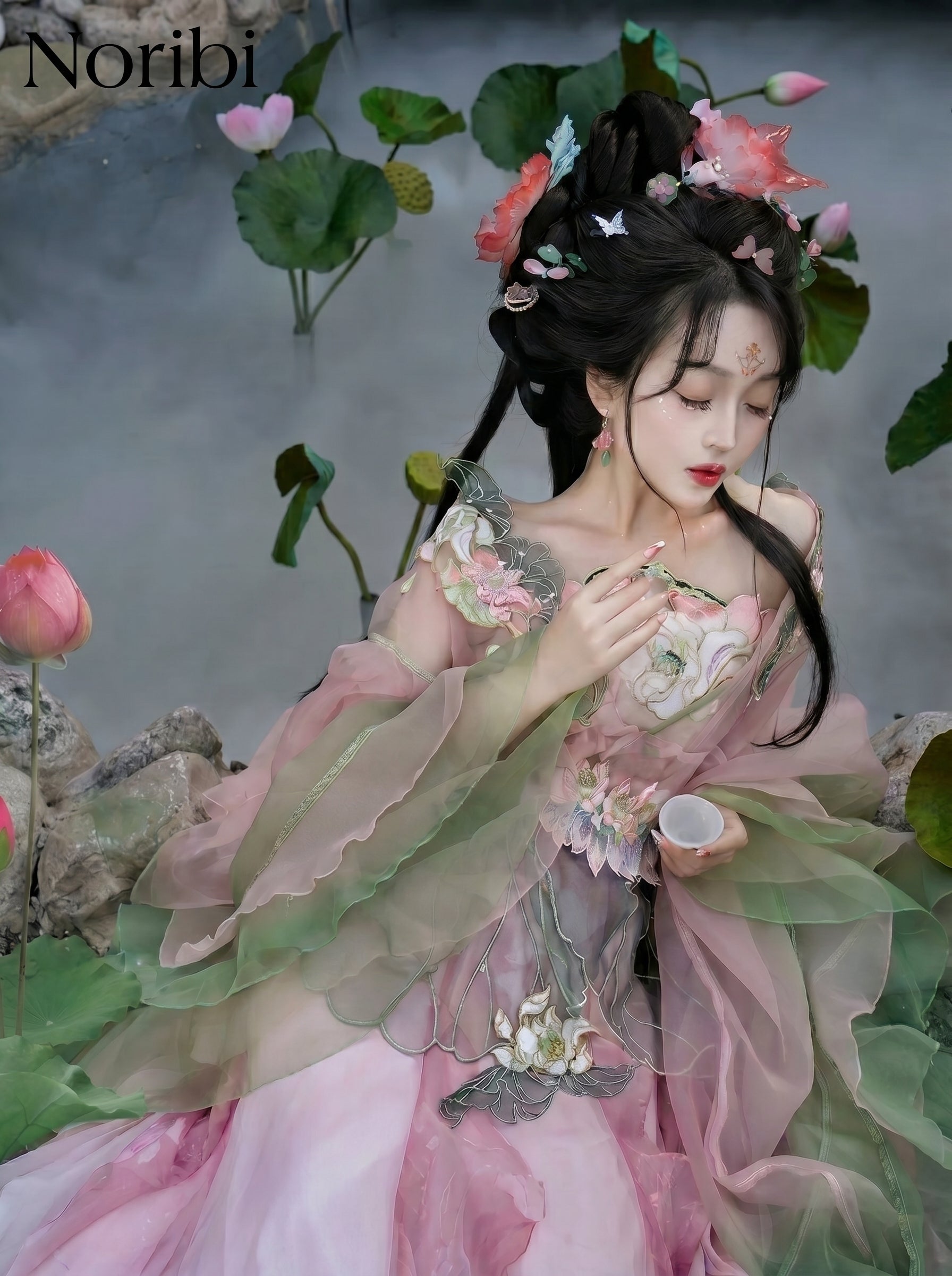 Pink Hanfu Fairy Dress, Floral Tulle Cosplay, Chinese Style Gown