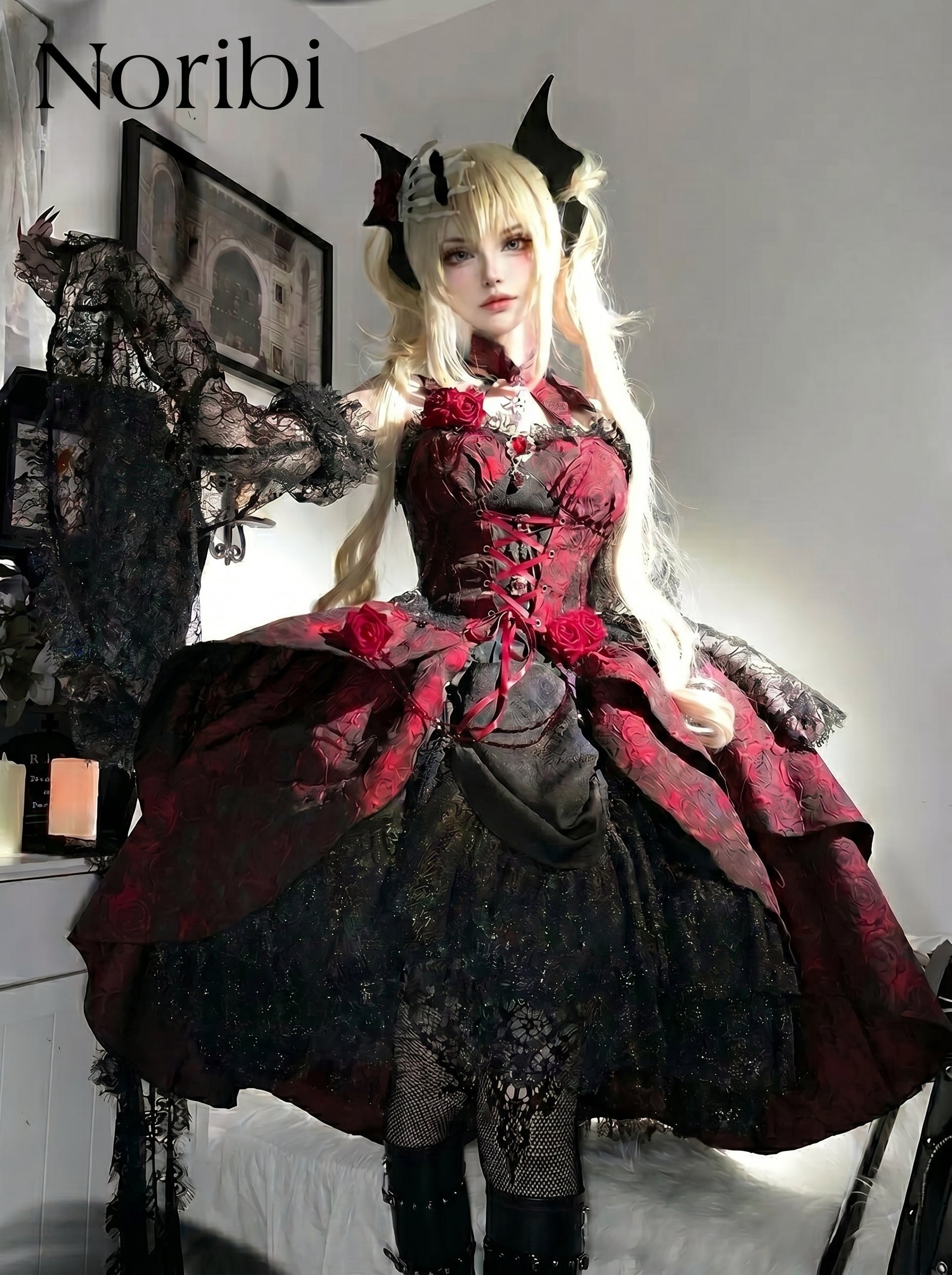 Gothic Lolita Dress Red Black, Vampire Corset Cosplay Outfit