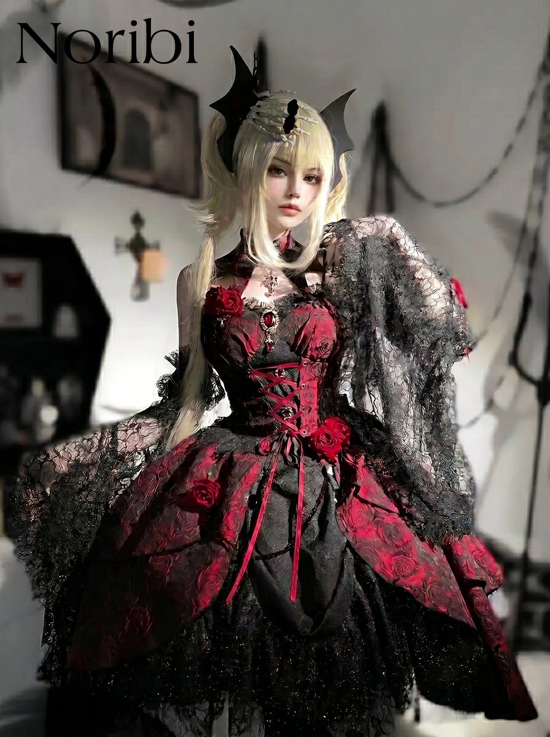 Gothic Lolita Dress Red Black, Vampire Corset Cosplay Outfit