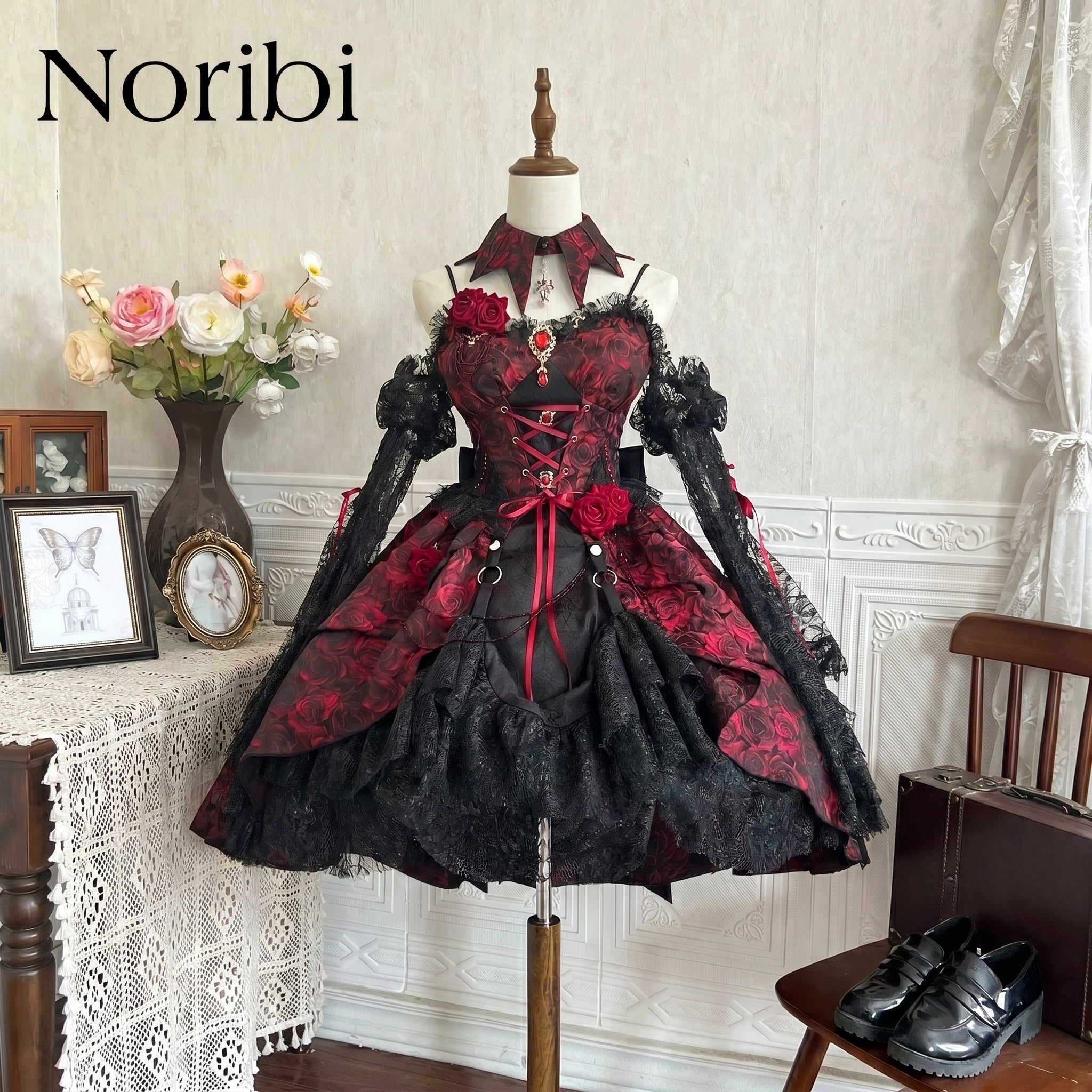 Gothic Lolita Dress Red Black, Vampire Corset Cosplay Outfit