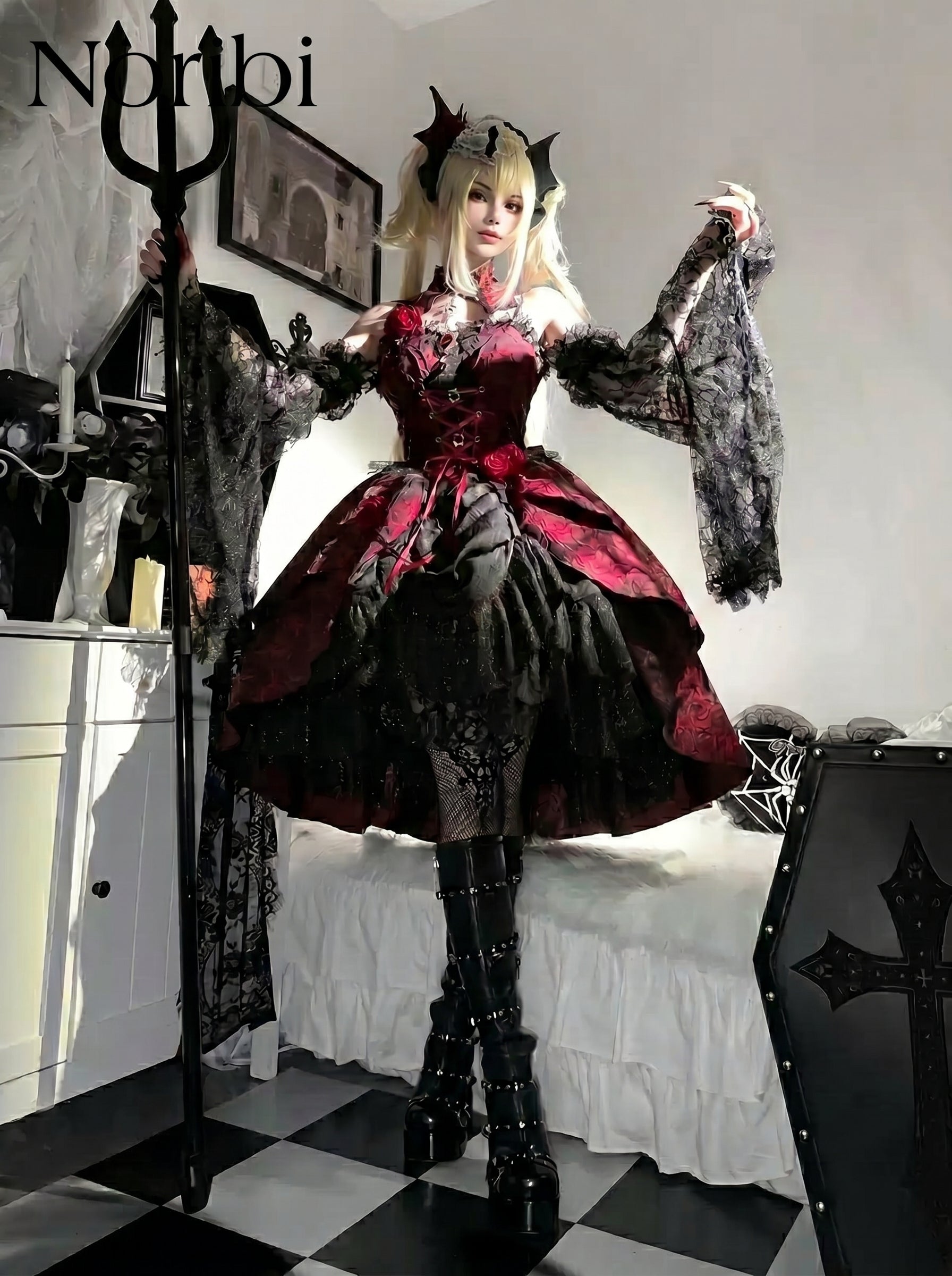 Gothic Lolita Dress Red Black, Vampire Corset Cosplay Outfit