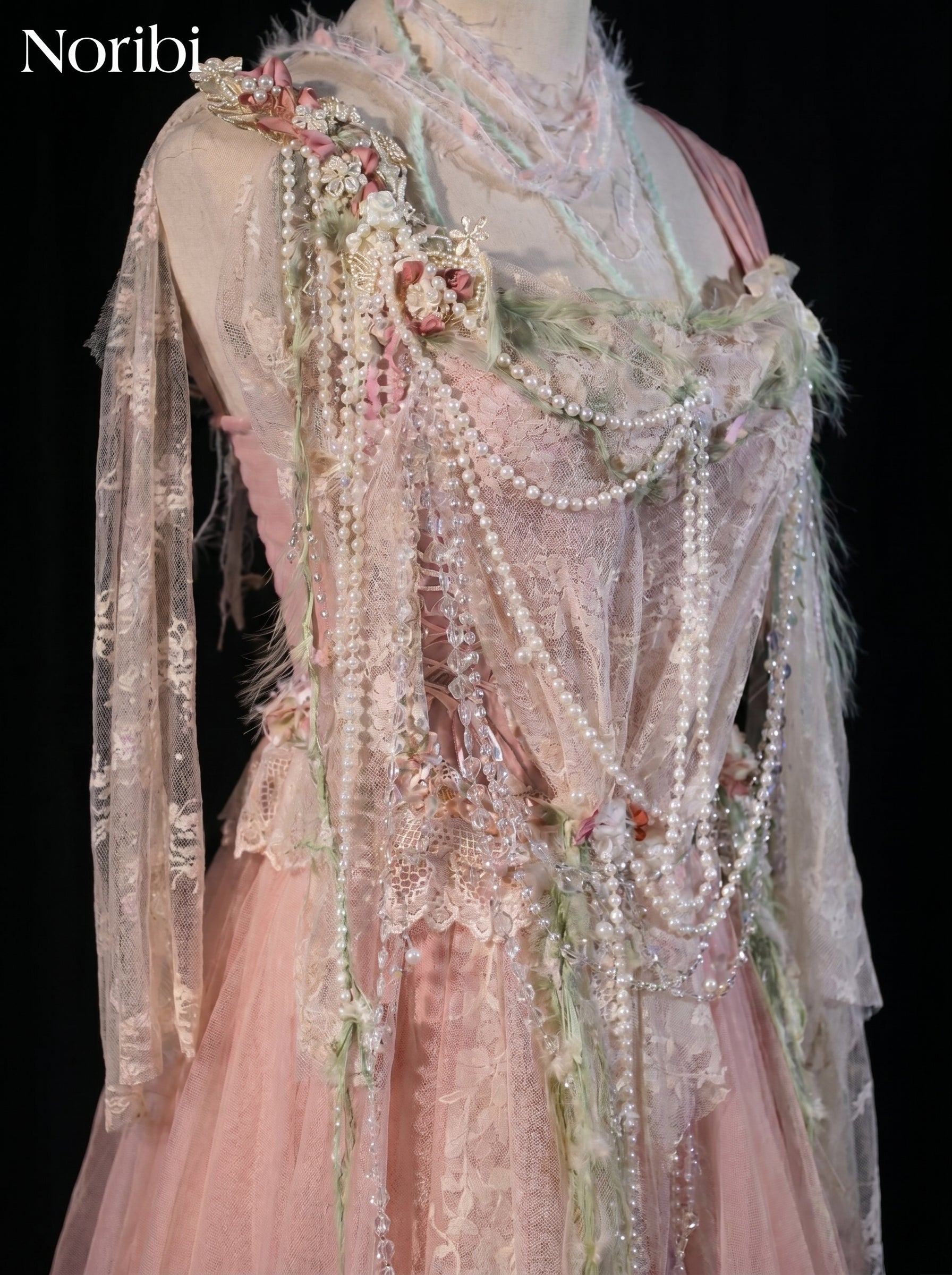 Pink Fairy Tulle Dress, Lace Floral Fantasy Costume, Ethereal