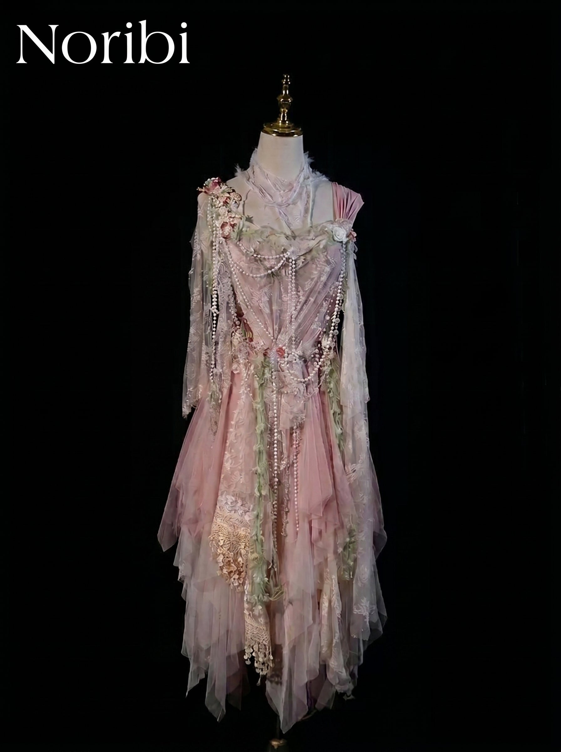 Pink Fairy Tulle Dress, Lace Floral Fantasy Costume, Ethereal