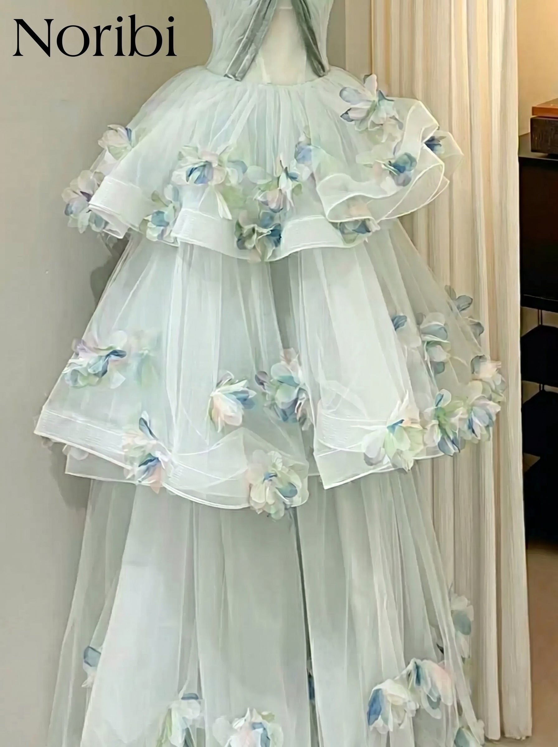 Blue Fairy Tulle Dress, Floral Tiered Gown, Ethereal Party Dress