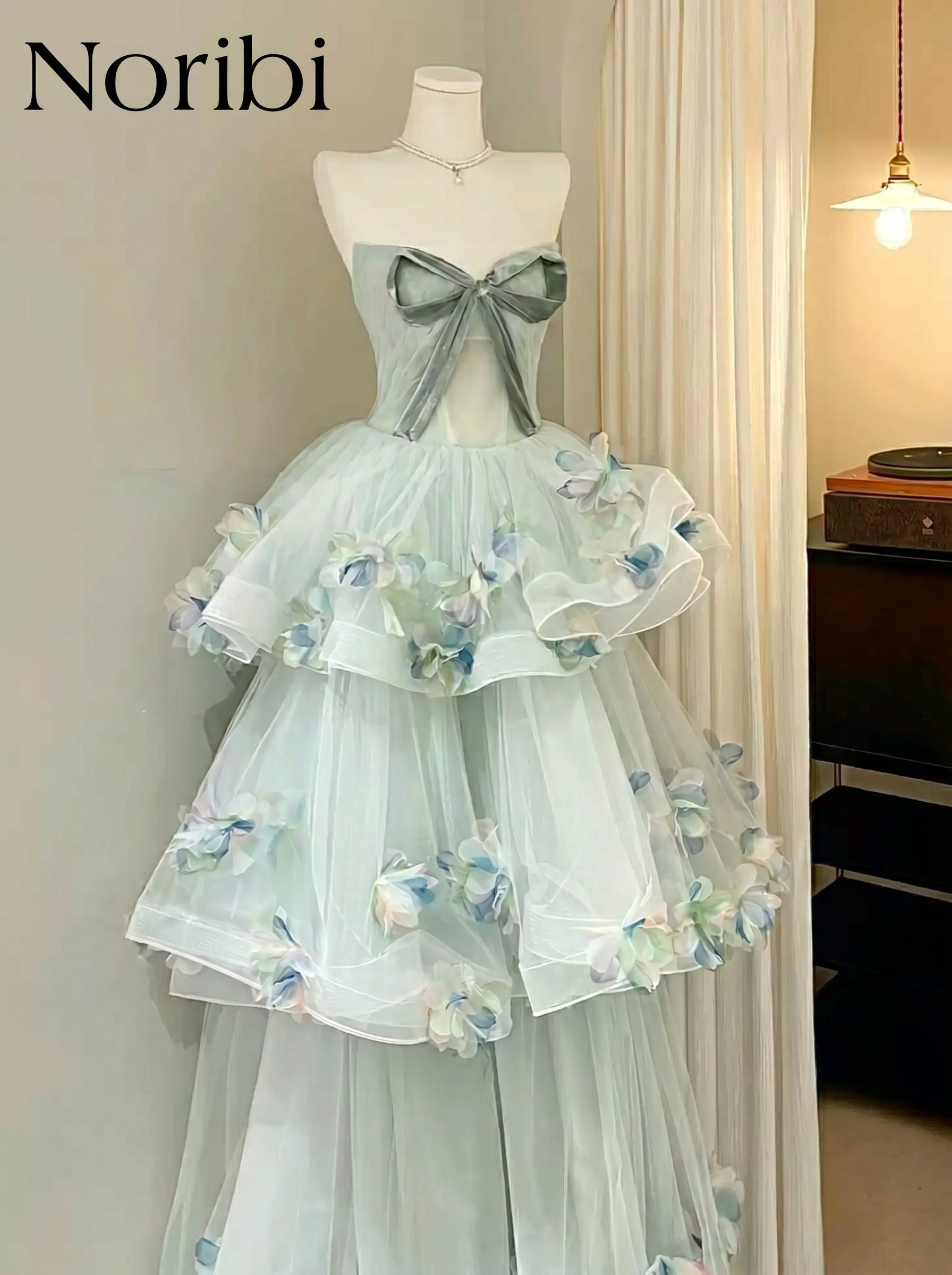 Blue Fairy Tulle Dress, Floral Tiered Gown, Ethereal Party Dress