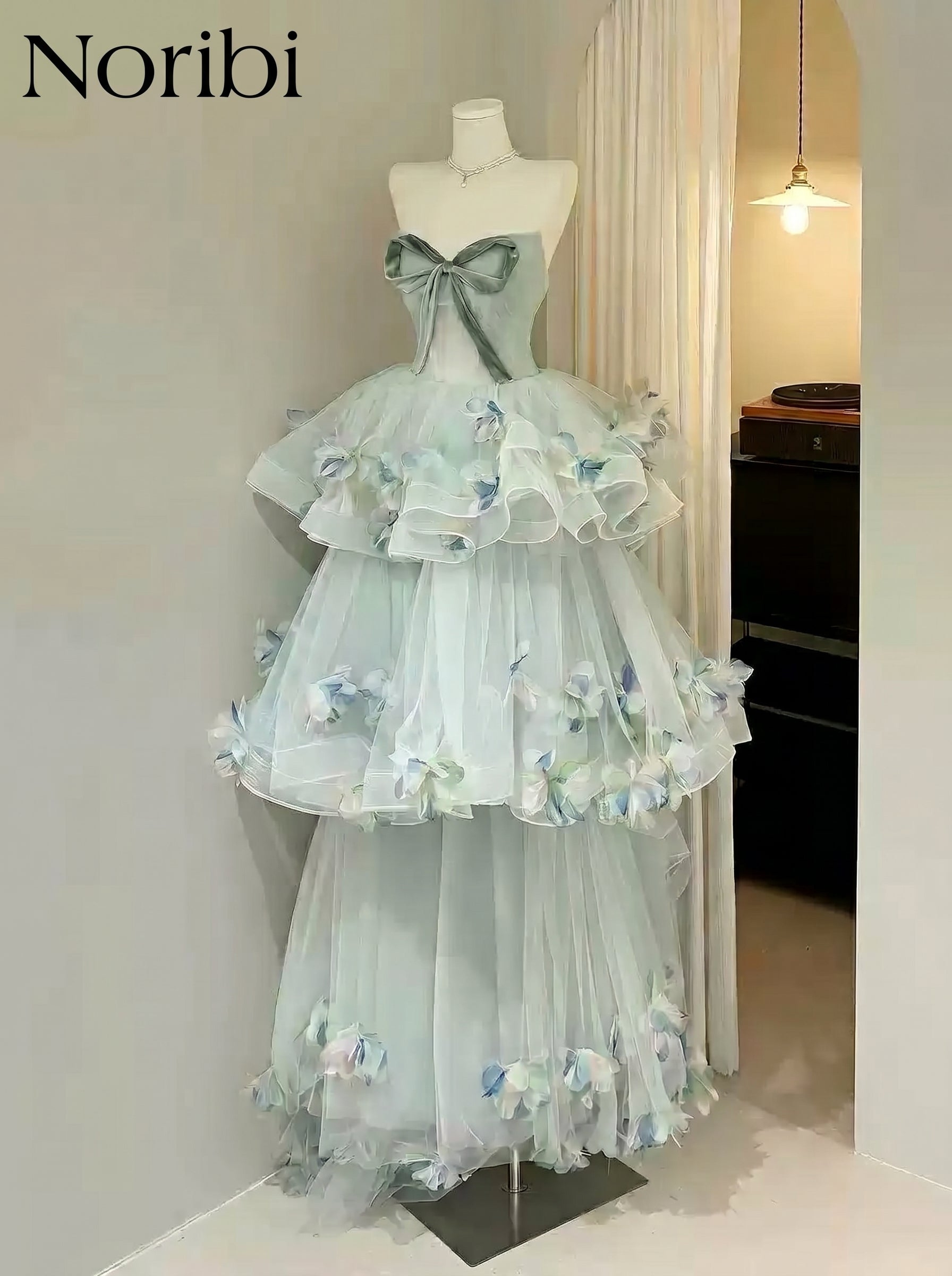 Blue Fairy Tulle Dress, Floral Tiered Gown, Ethereal Party Dress