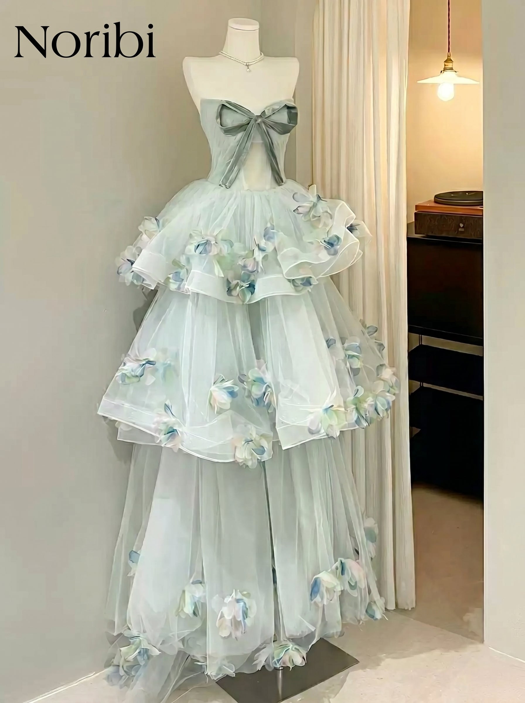 Blue Fairy Tulle Dress, Floral Tiered Gown, Ethereal Party Dress