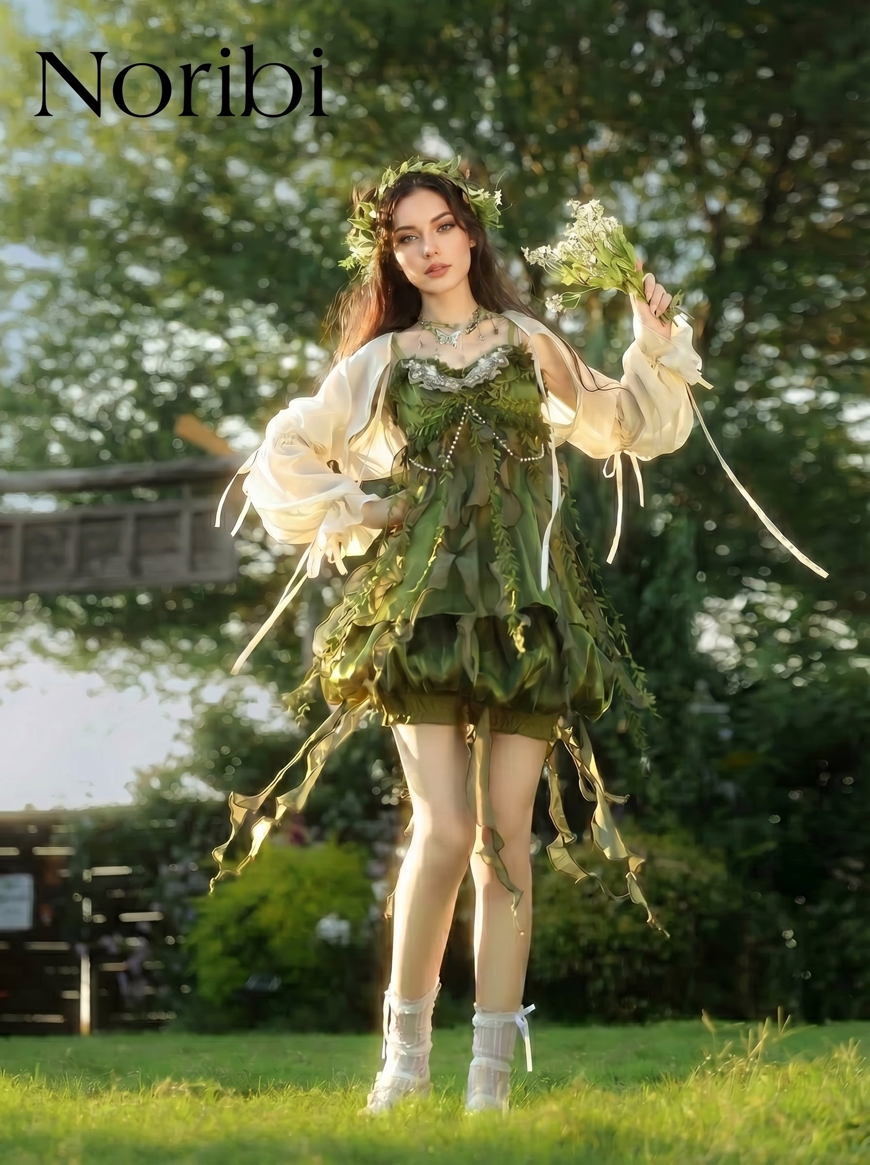 Green Fairy Dress Woodland Pixie Costume Cottage core Outfit