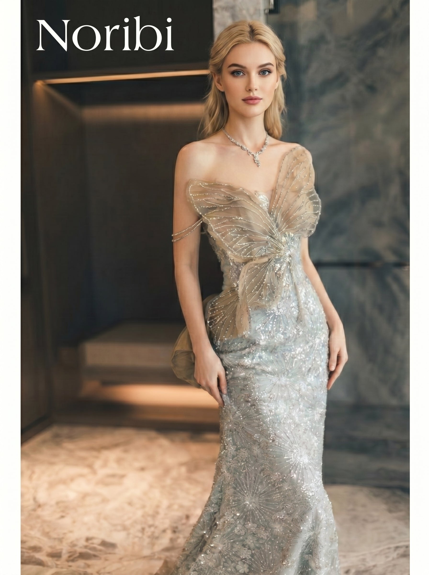 Gold Butterfly Evening Gown, Sequin Mermaid Dress, Formal Dress