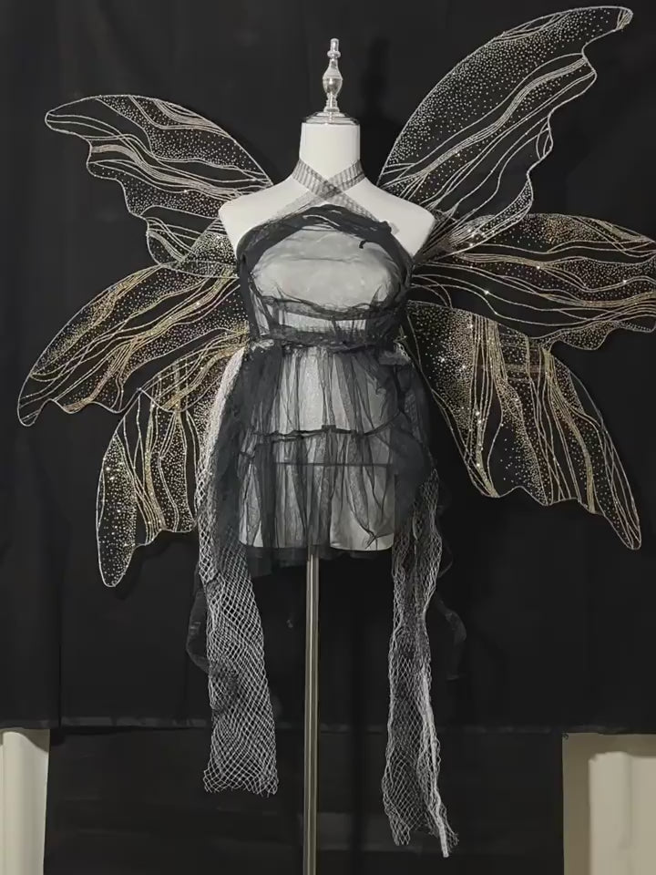 Black Fairy Dress with Wings, Gothic Fairy Costume, Fairycore