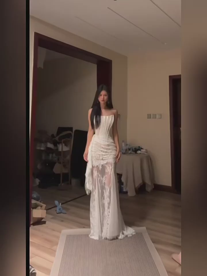 White Lace Corset Wedding Dress Sheer Bridal Gown Fairy Style