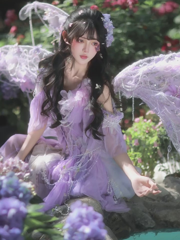 Lavender Fairy Dress with Wings, Ethereal Tulle Fairycore Outfit