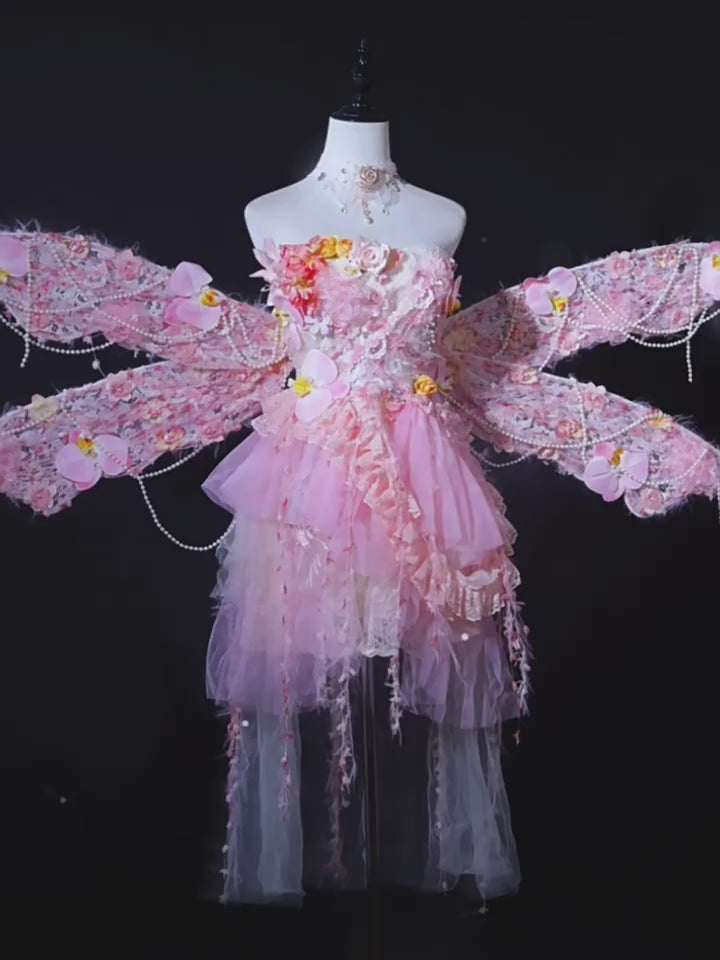 Vestido de hada con alas, princesa floral rosa, traje de tul para sesión de fotos