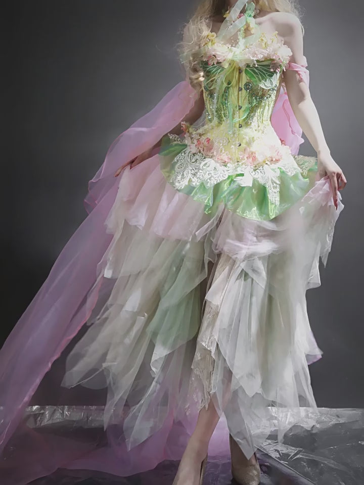 Pastel Fairy Dress, Floral Corset Tulle Gown, Fantasy Costume