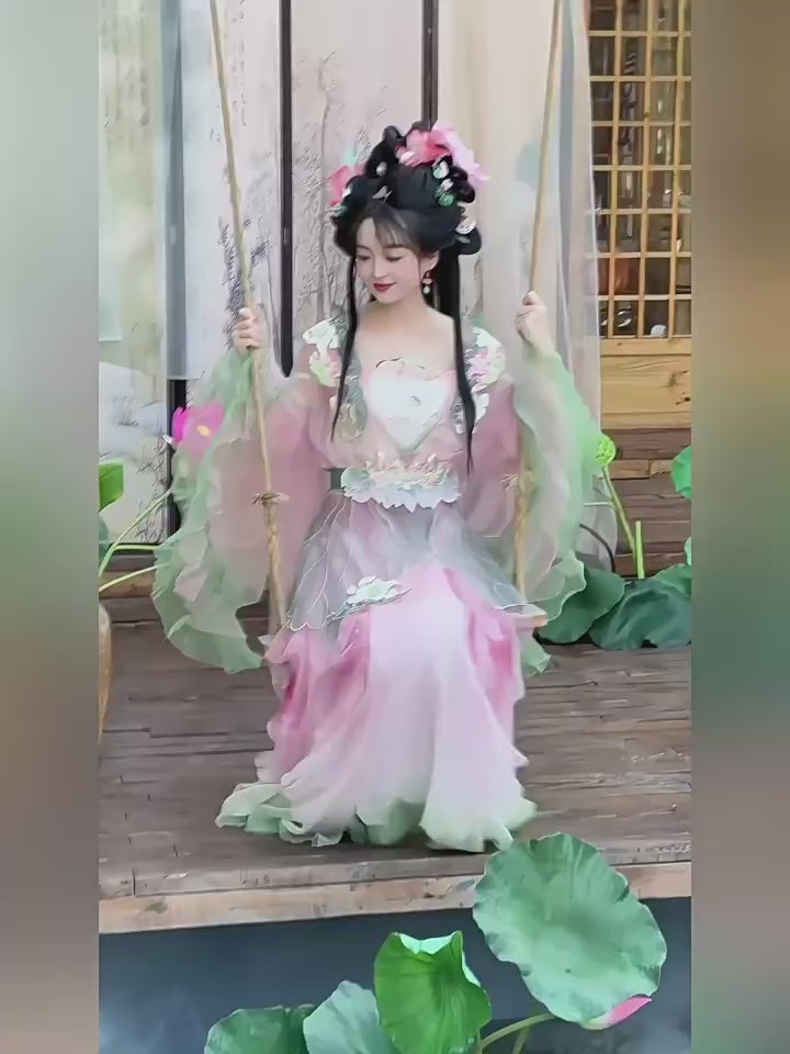 Pink Hanfu Fairy Dress, Floral Tulle Cosplay, Chinese Style Gown