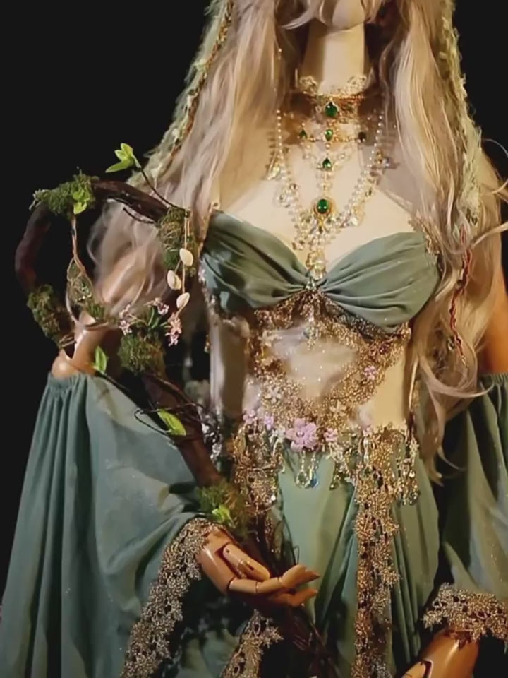 Green Fairy Corset Dress, Fantasy Elf Costume, Floral Cosplay