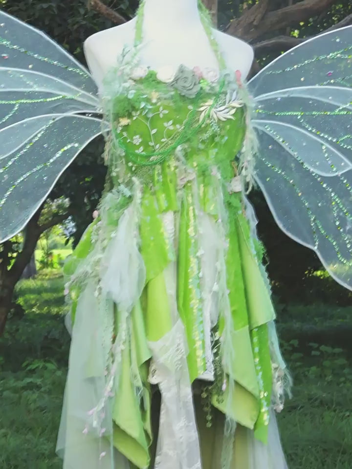 Vestido de Hada Verde con Alas, Disfraz de Duende del Bosque, Estilo Tinker