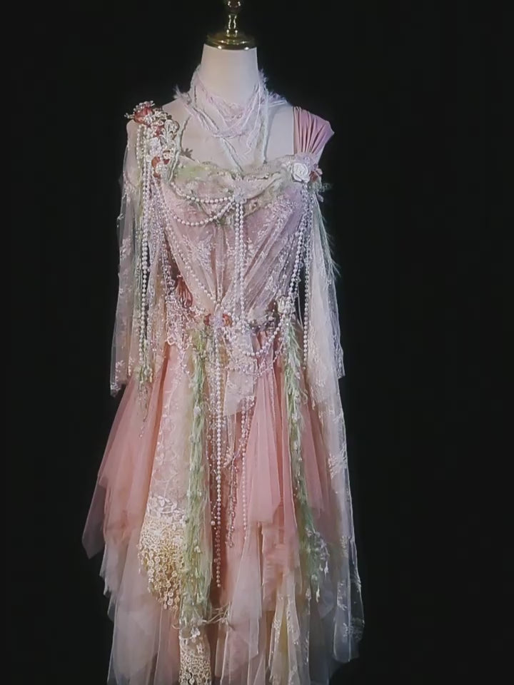 Pink Fairy Tulle Dress, Lace Floral Fantasy Costume, Ethereal