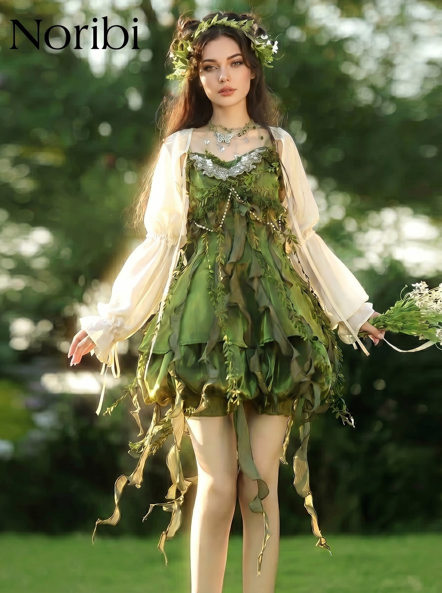 Green Fairy Dress Woodland Pixie Costume Cottage core Outfit